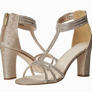 COPY - Touchups Gabriella strappy gold champagne rhinestone T-strap dress heels…